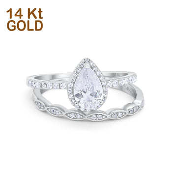 14K White Gold Pear Art Deco Teardrop Bridal Set Ring Band Engagement Piece Simulated CZ Size-7